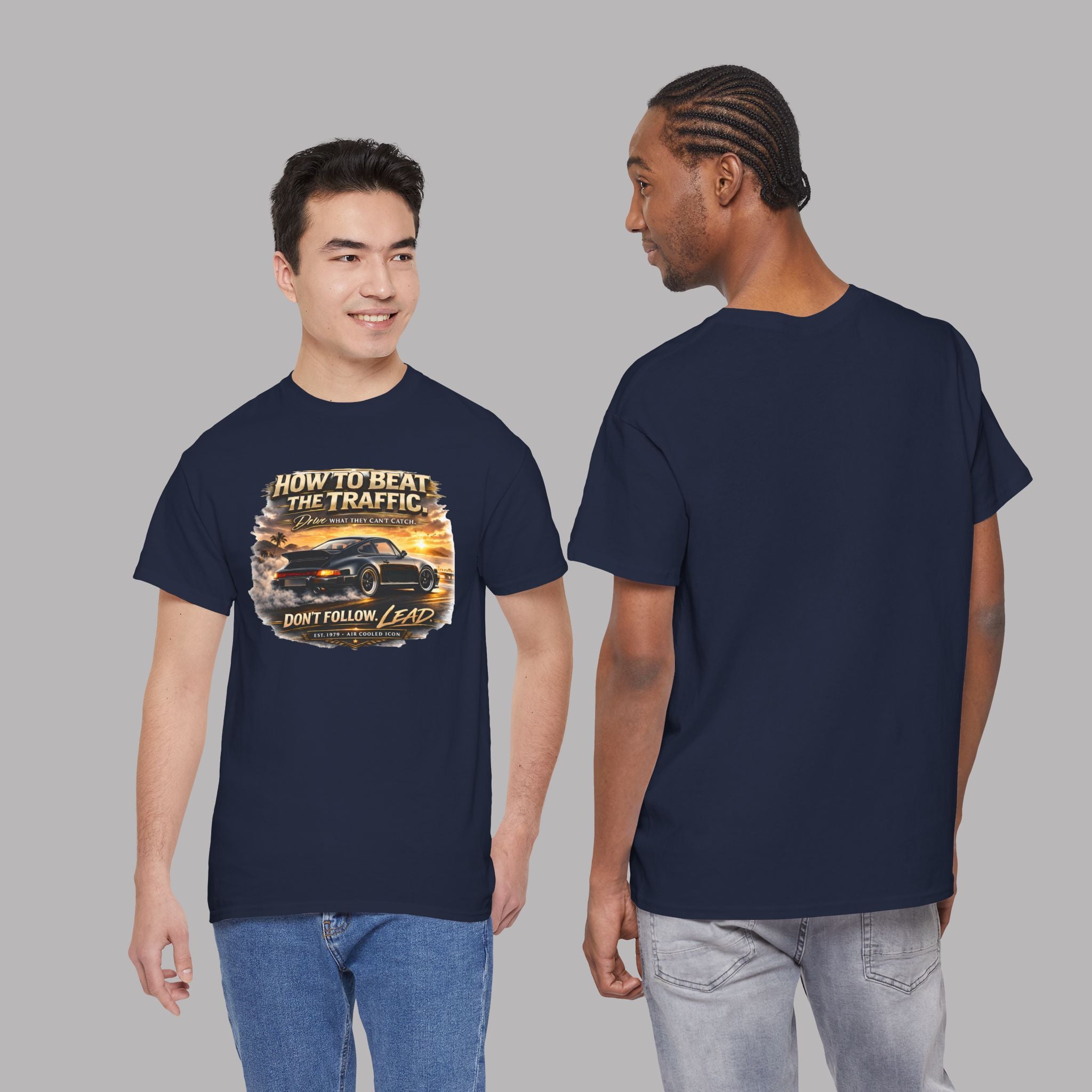 Navy blue t-shirt with classic car graphic design on front worn by two models against a gray background