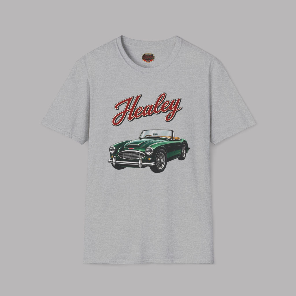 Sport gray t-shirt with a green classic car graphic and 'Healey' text on a gray background
