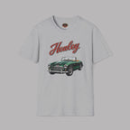 Sport gray t-shirt with a green classic car graphic and 'Healey' text on a gray background