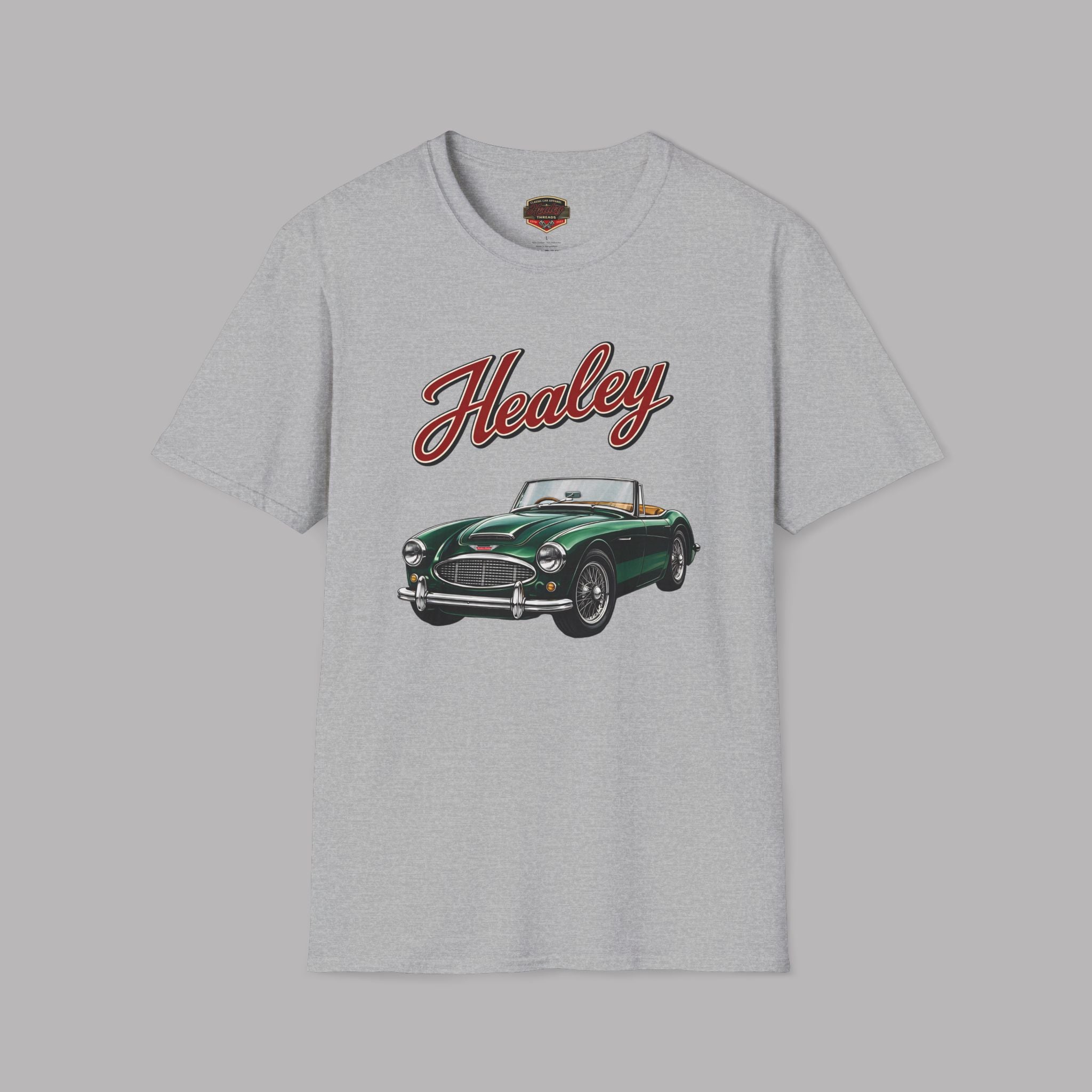 Sport gray t-shirt with a green classic car graphic and 'Healey' text on a gray background