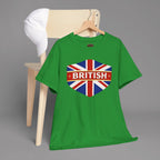 Irish green t-shirt with a Union Jack design and 'BRITISH' text on a gray background hanging from a chair.