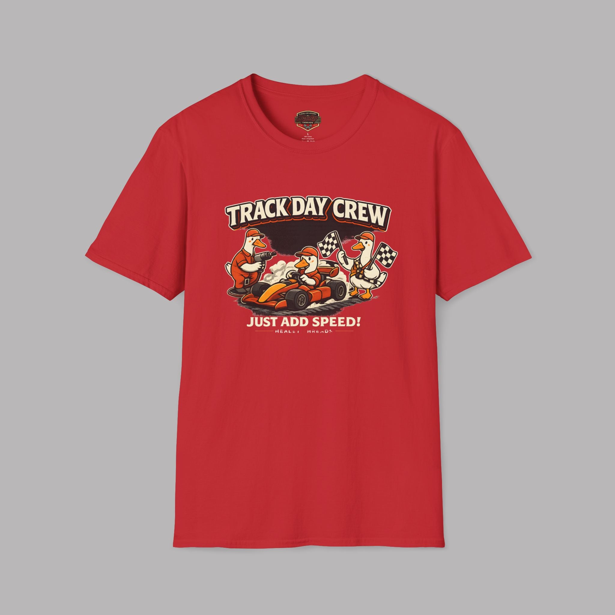 Red t-shirt with 'Track Day Crew' graphic on a gray background