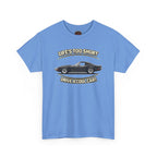 Carolina blue t-shirt with a graphic of a vintage vette and text on a white background