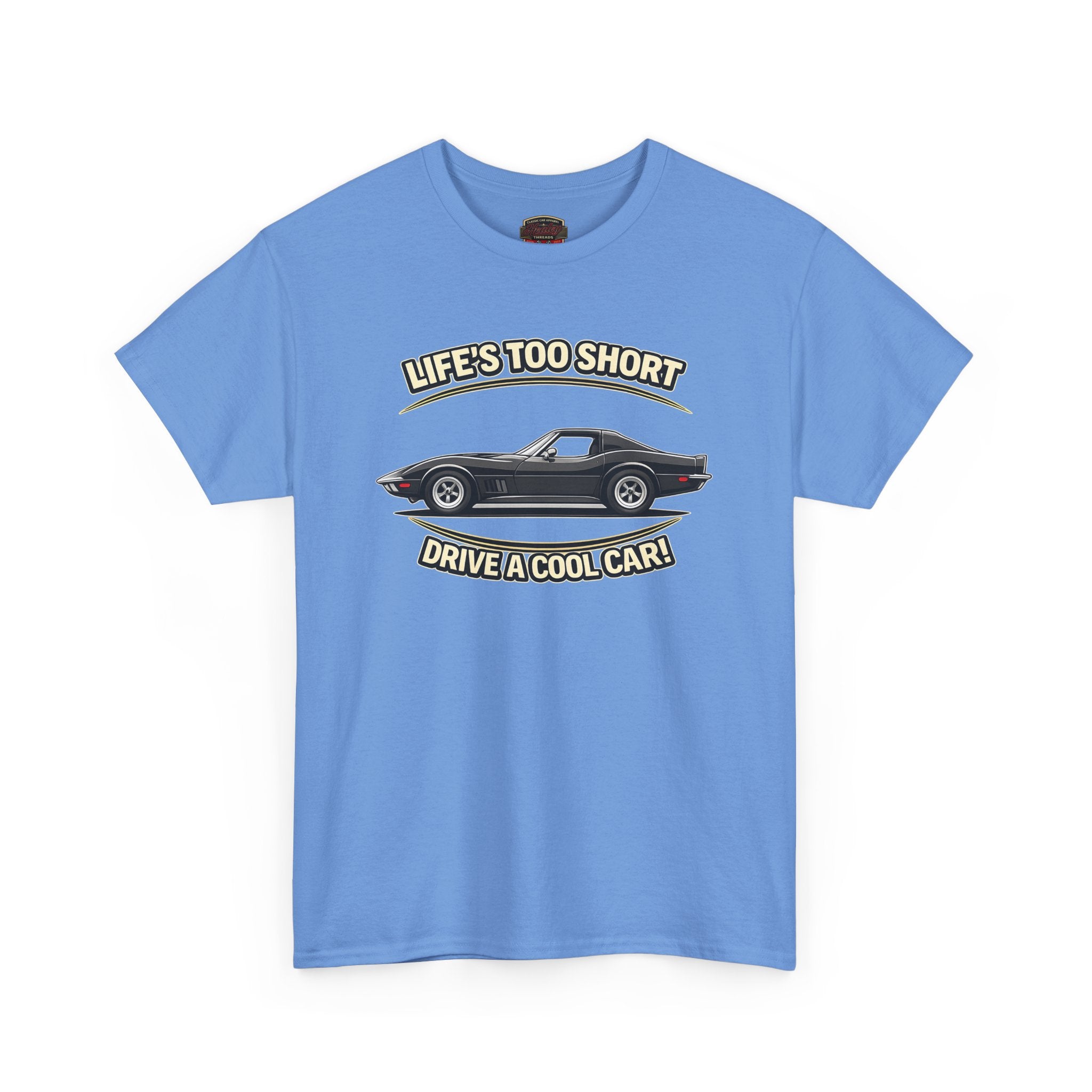 Carolina blue t-shirt with a graphic of a vintage vette and text on a white background