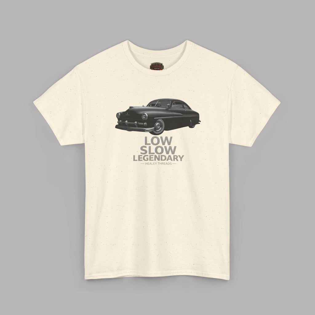 Natural t-shirt with a graphic of a vintage black car and text on a gray background