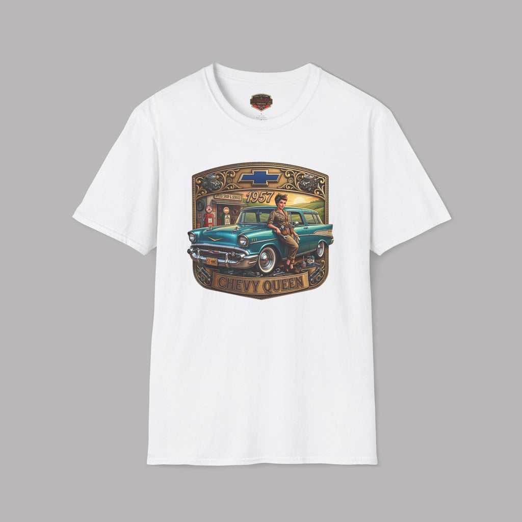 A white short-sleeve crewneck t-shirt featuring a vintage-style graphic print of a teal 1957 Chevrolet station wagon with a woman sitting on it, framed by a gold and brown border with the text 'CHEVY QUEEN'.