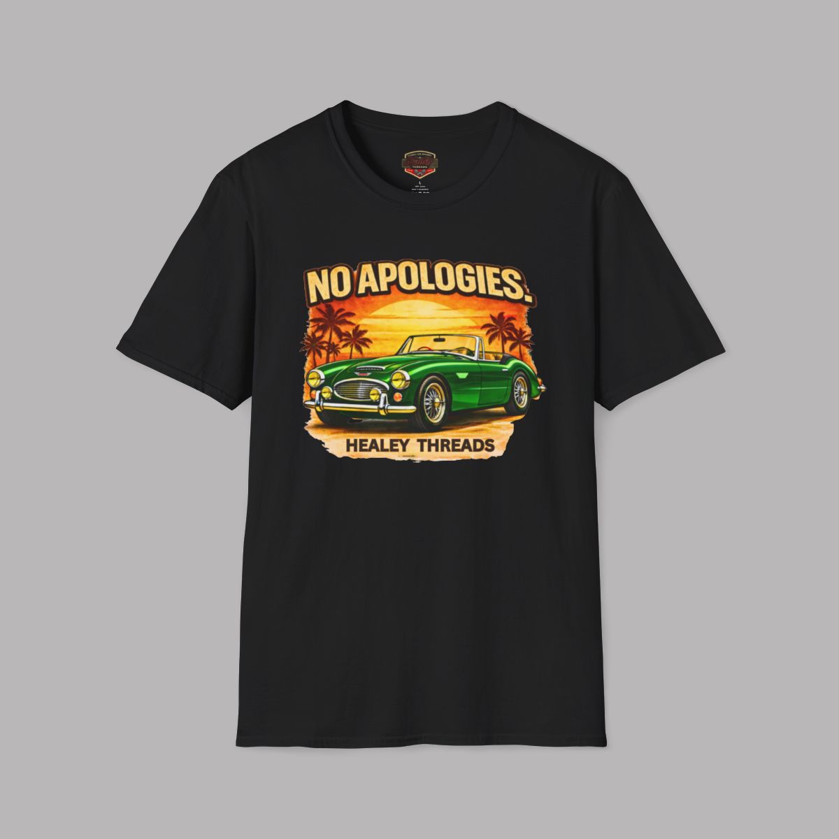 Black t-shirt with a graphic of a Healey classic car and 'No Apologies' text on a gray background