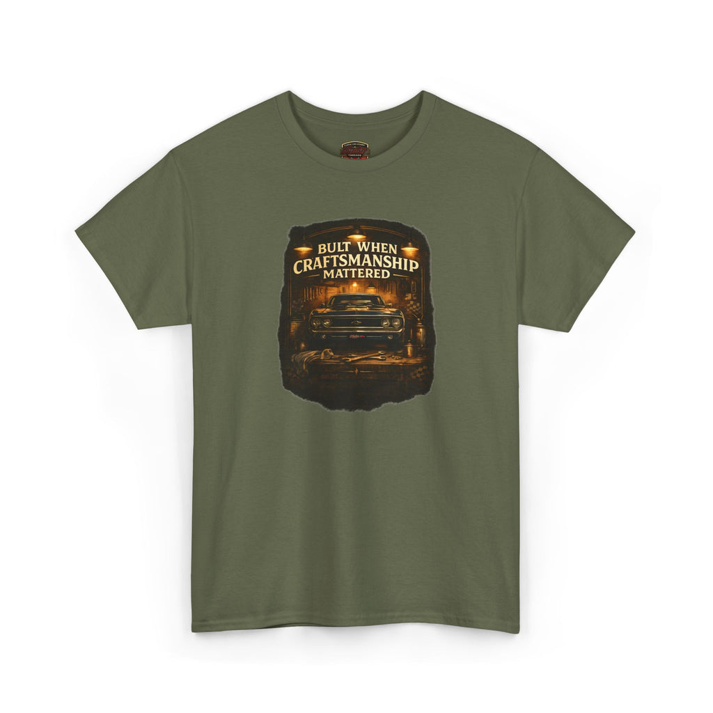 Military green t-shirt with a graphic design on a white background