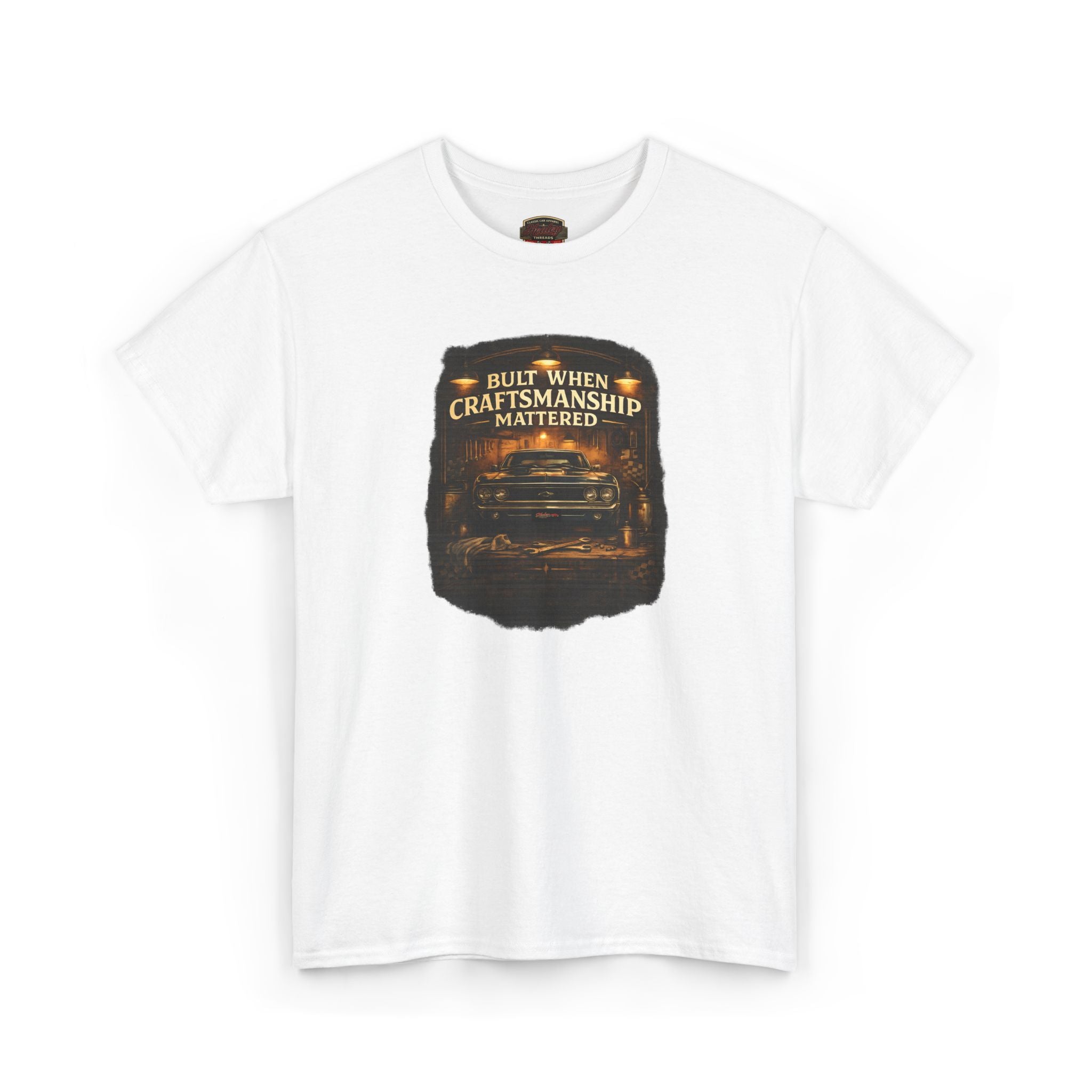 White t-shirt with a black graphic and text on a white background