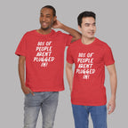 Two men wearing red t-shirts with a humorous message "80% of People Aren't Plugged In" on a gray background
