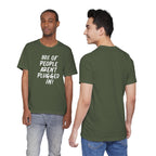 Military green t-shirt with humorous text "80% of People Aren't Plugged In" design worn by two models, front and back views.