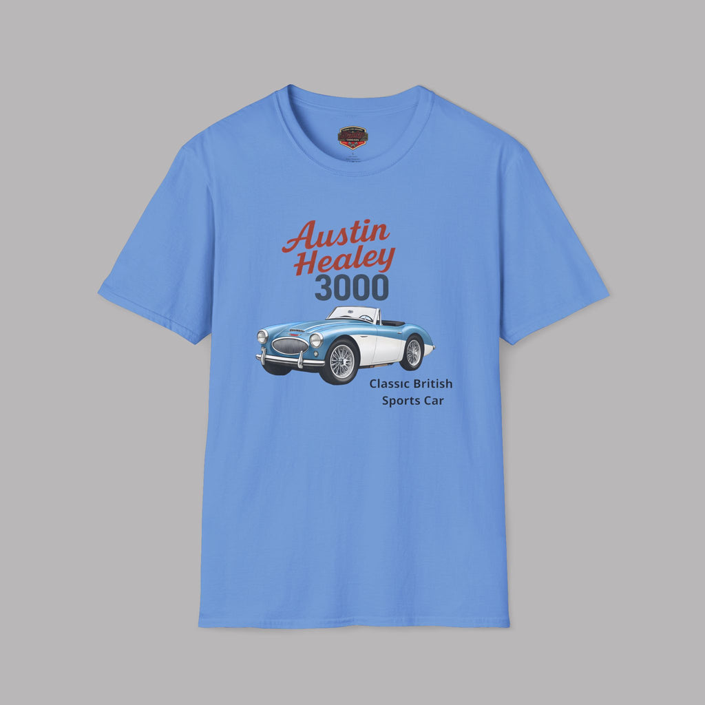 Carolina blue t-shirt with Austin Healey 3000 graphic on a gray background