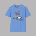 Carolina blue t-shirt with Austin Healey 3000 graphic on a gray background