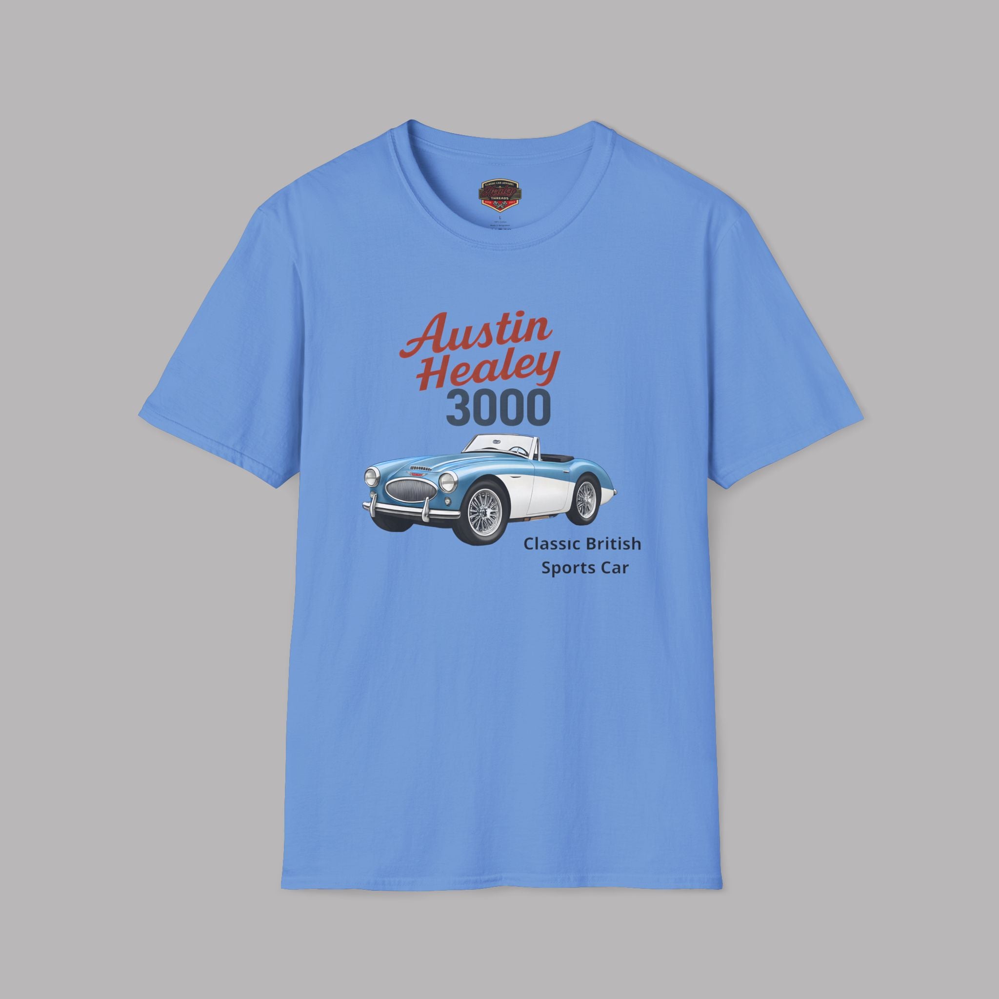 Carolina blue t-shirt with Austin Healey 3000 graphic on a gray background