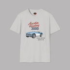 A ice gray short-sleeve crewneck t-shirt featuring a graphic print of a classic Austin Healey 3000 sports car with red and navy text, displayed on a solid gray background.