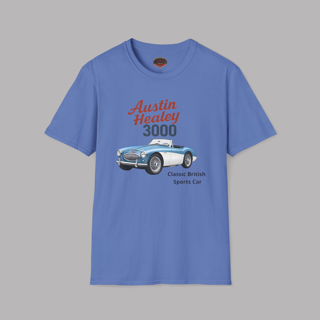 Iris blue t-shirt with Austin Healey 3000 graphic on a gray background