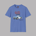 Iris blue t-shirt with Austin Healey 3000 graphic on a gray background