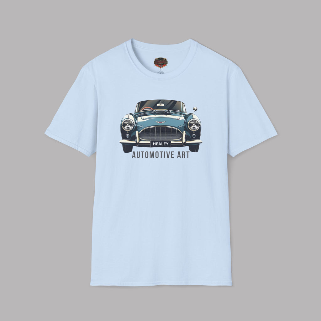 Light blue t-shirt with a vintage car graphic and 'Healey Automotive Art' text on a gray background