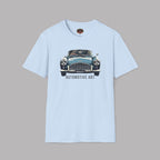 Light blue t-shirt with a vintage car graphic and 'Healey Automotive Art' text on a gray background