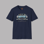 Navy blue t-shirt with a classic Healey car graphic and automotive text on a gray background
