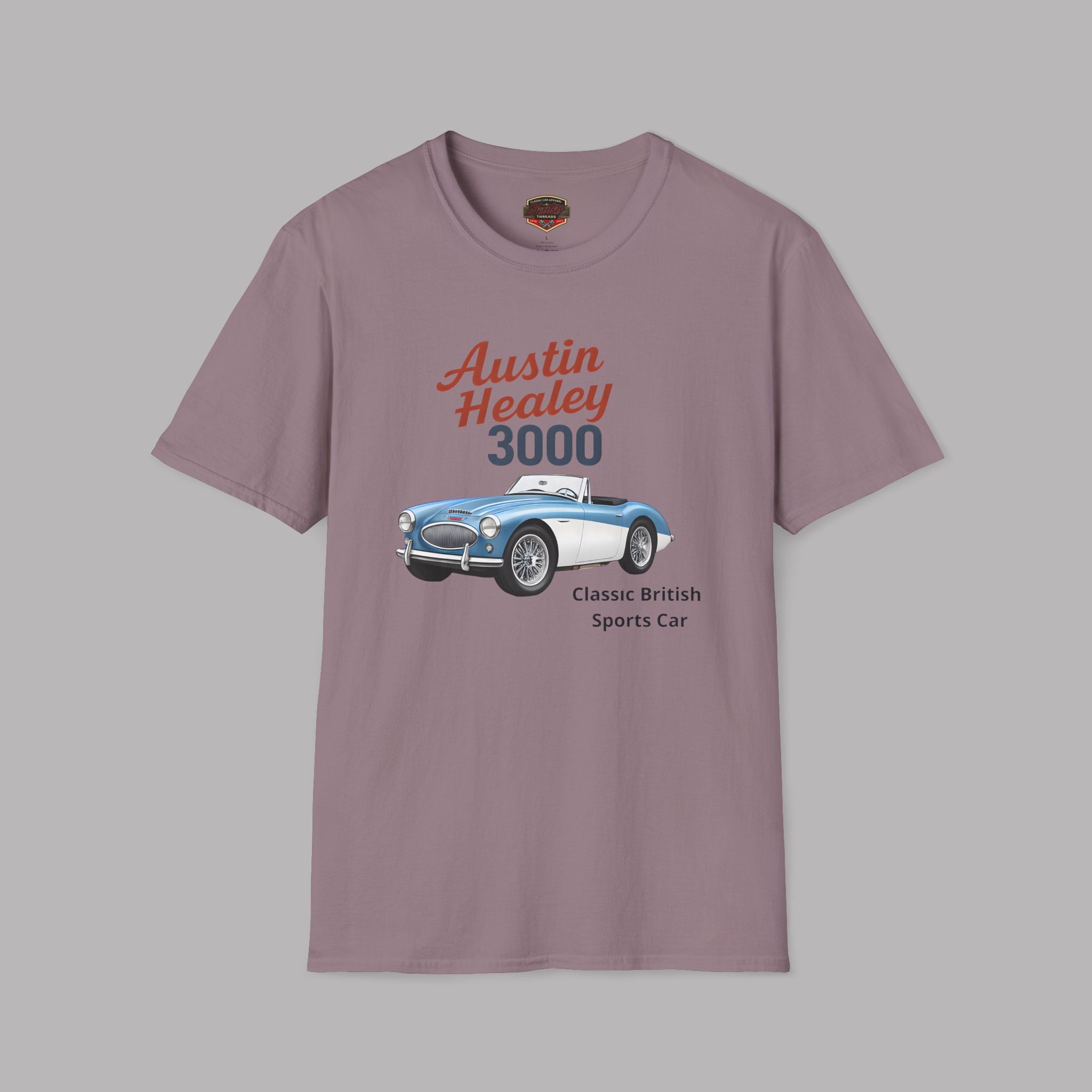 Paragon t-shirt with Austin Healey 3000 graphic on a gray background