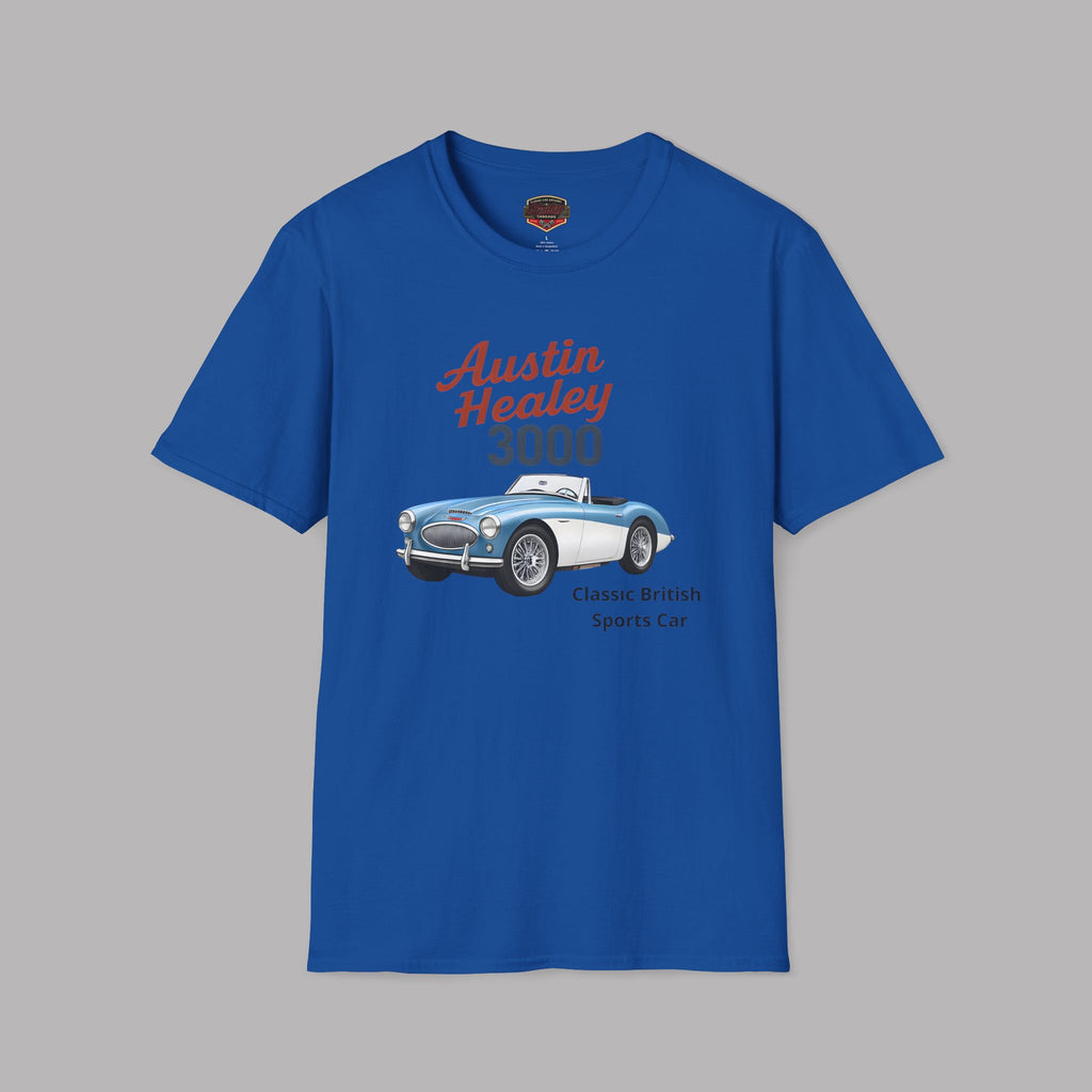 Royal blue t-shirt with Austin Healey graphic on a gray background