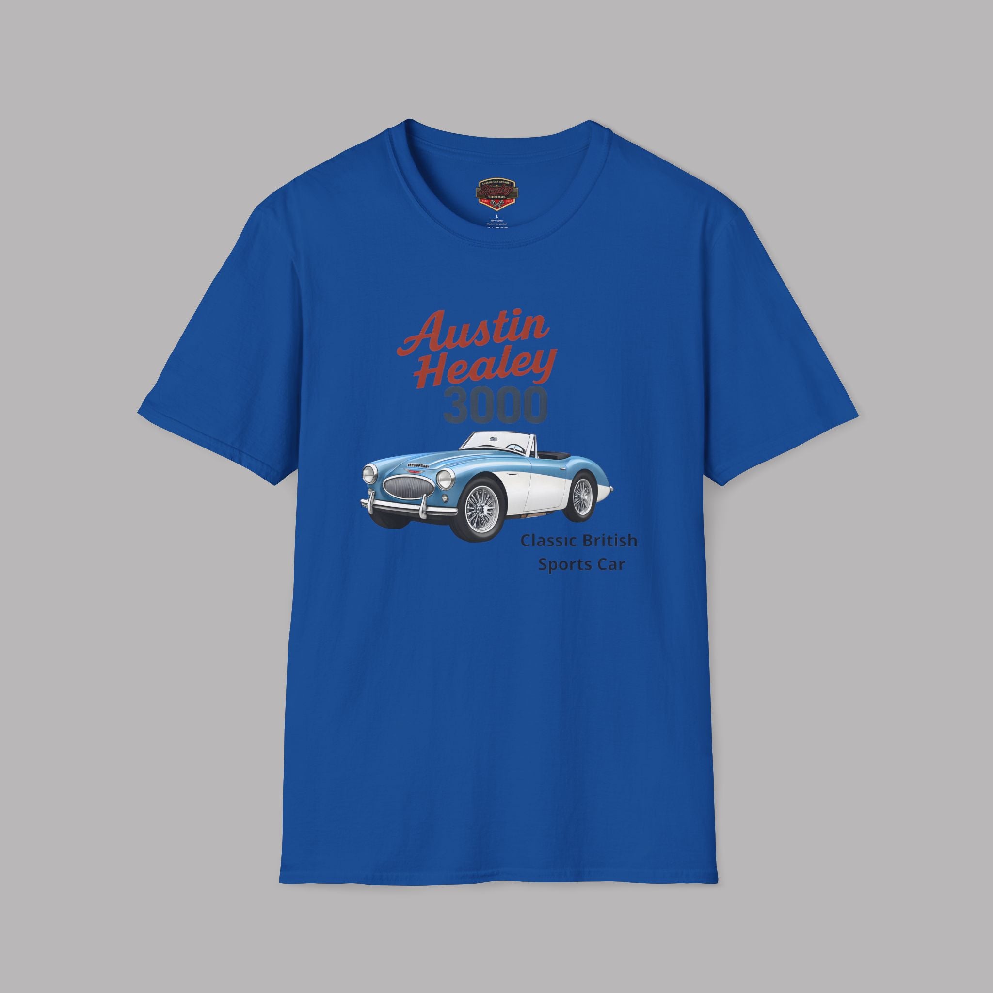 Royal blue t-shirt with Austin Healey graphic on a gray background