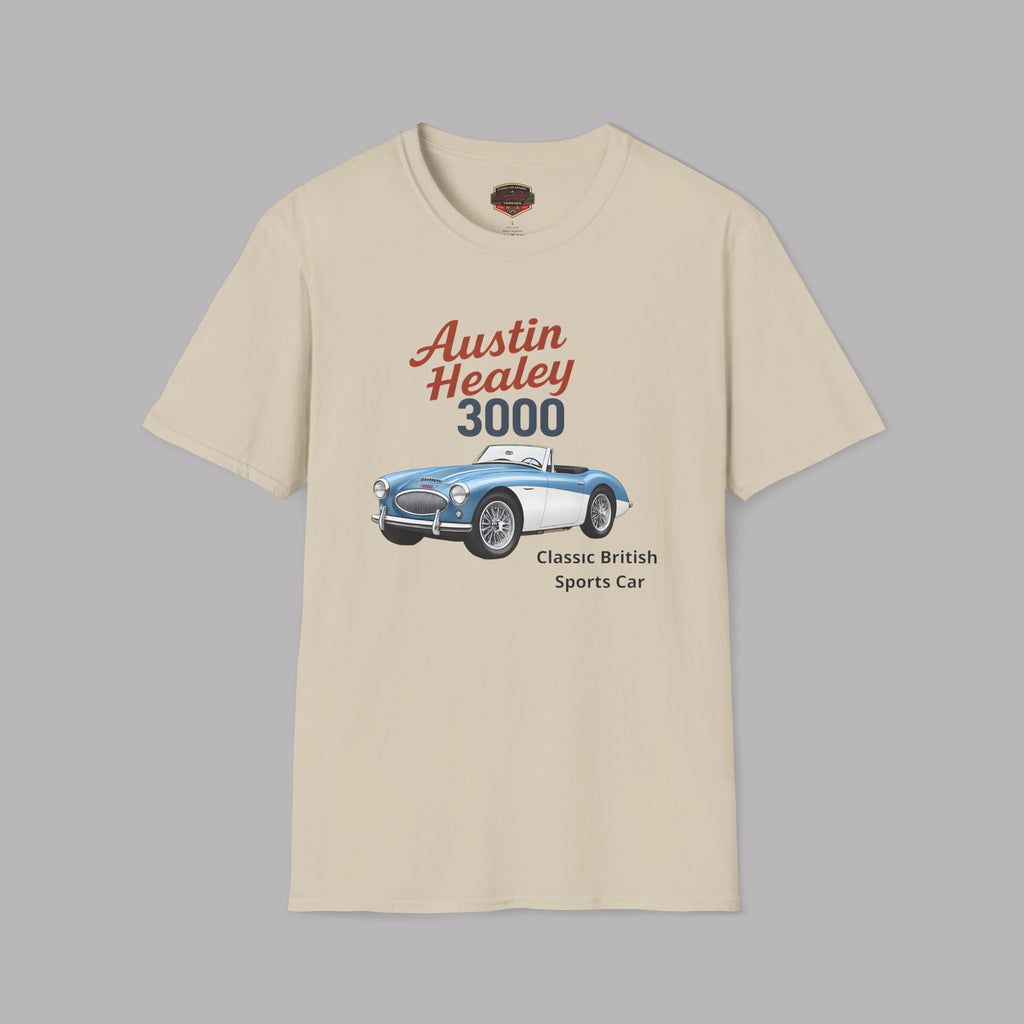Sand t-shirt with Austin Healey 3000 graphic on a gray background