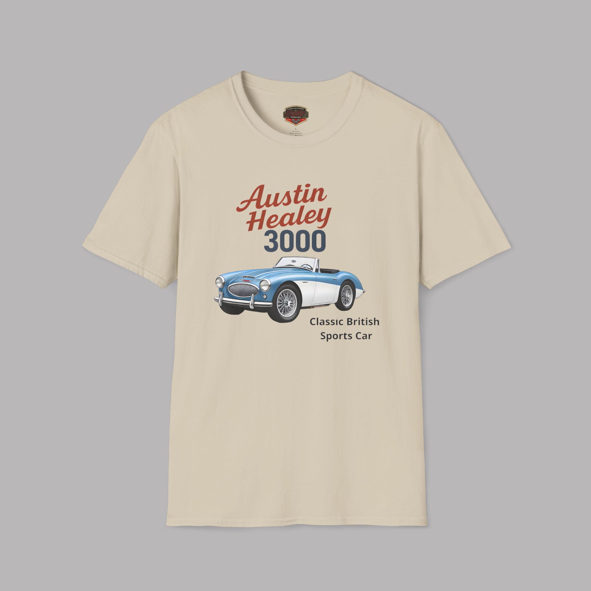 Sand t-shirt with Austin Healey 3000 graphic on a gray background