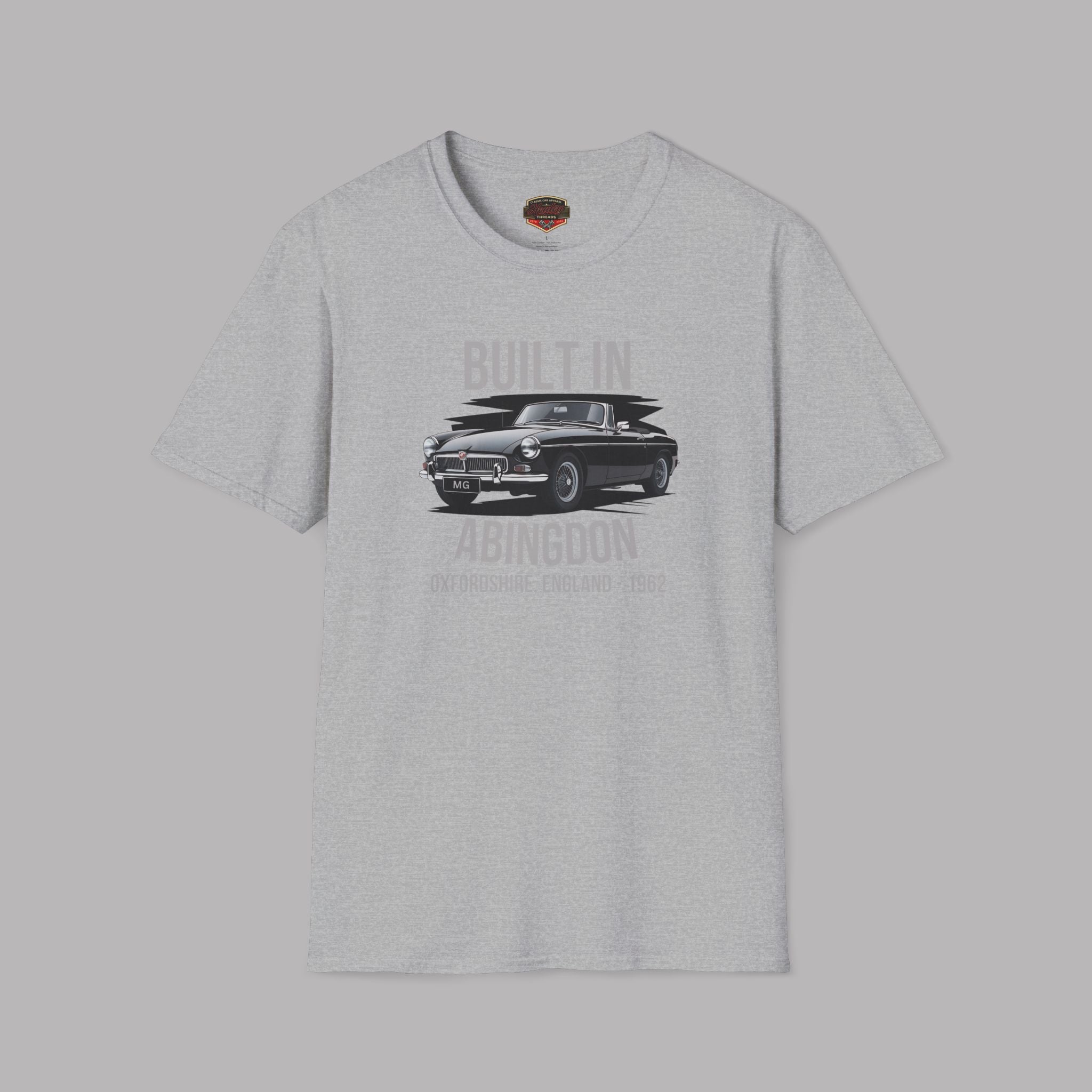 Sport gray t-shirt with a black MGB car graphic and text on a gray background