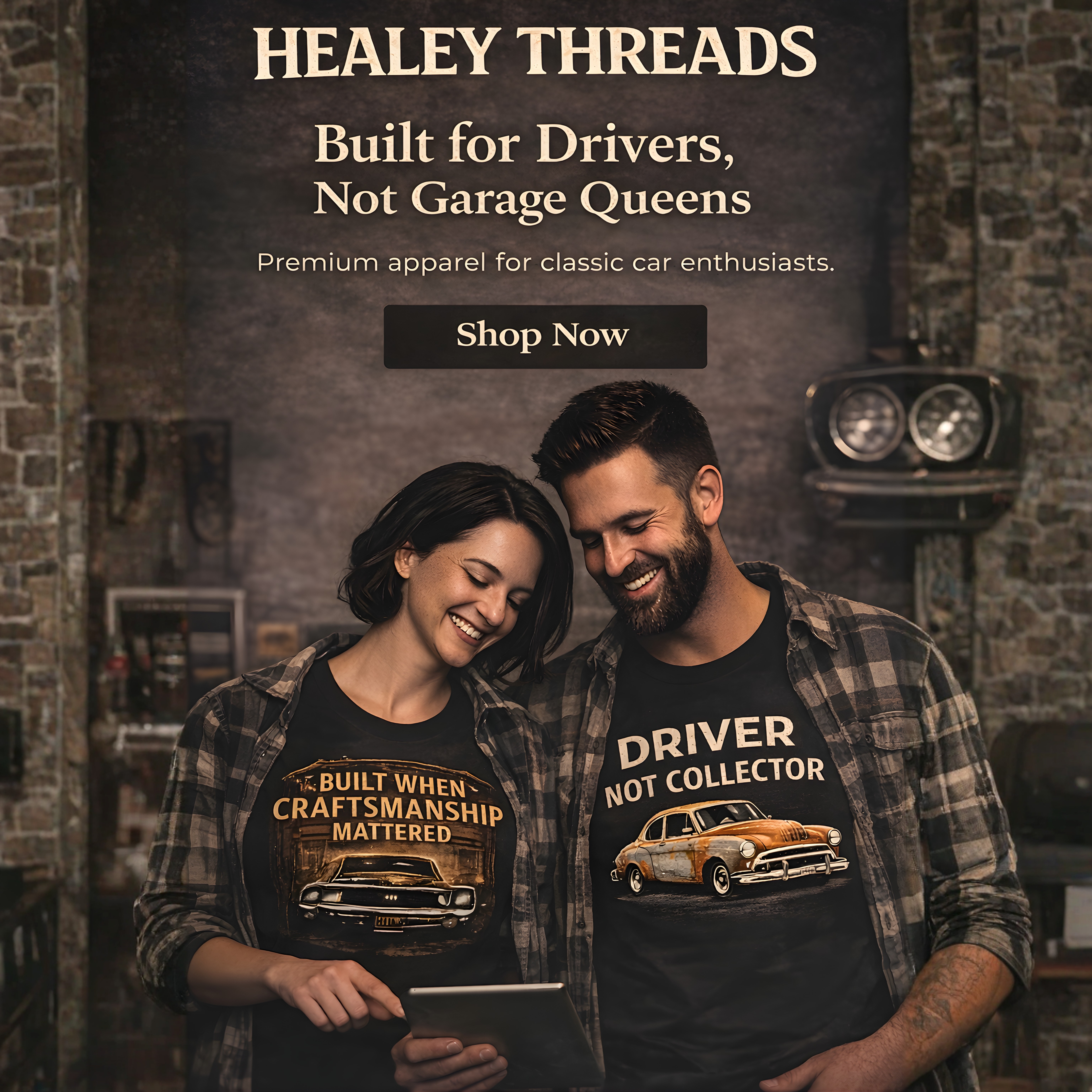Two people wearing 'Healey Threads' t-shirts in a garage setting with promotional text.