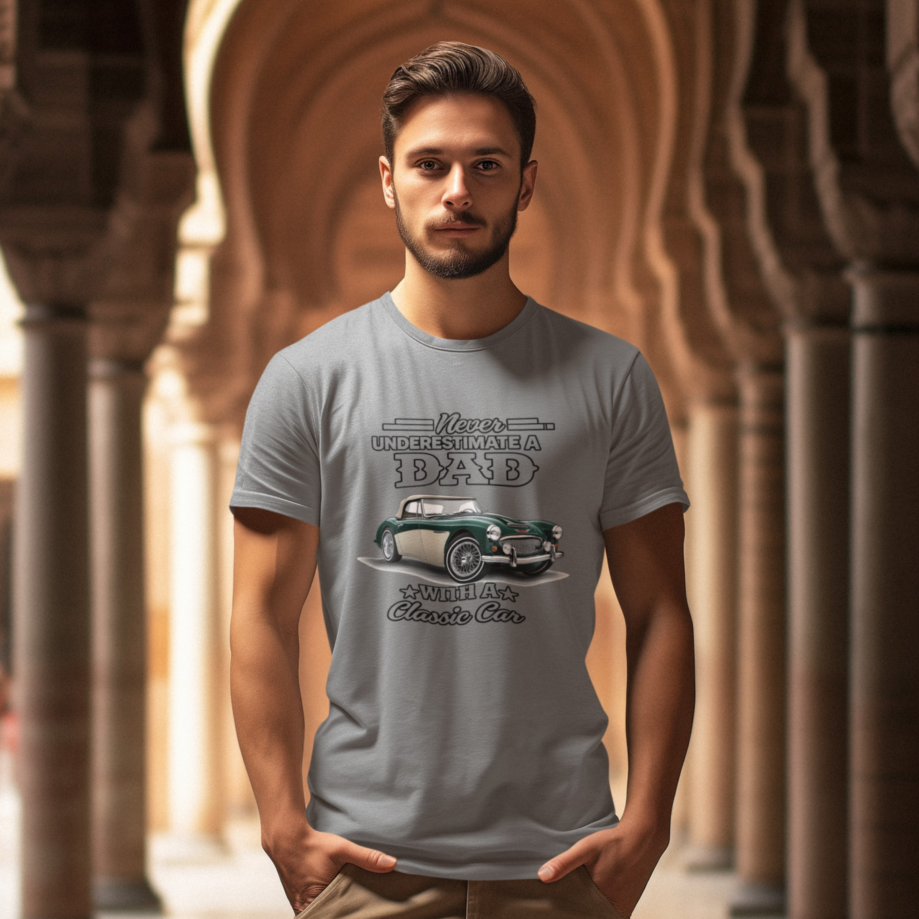 Man wearing a gray t-shirt with a graphic design of a vintage Healey car and text, standing in an arched corridor.