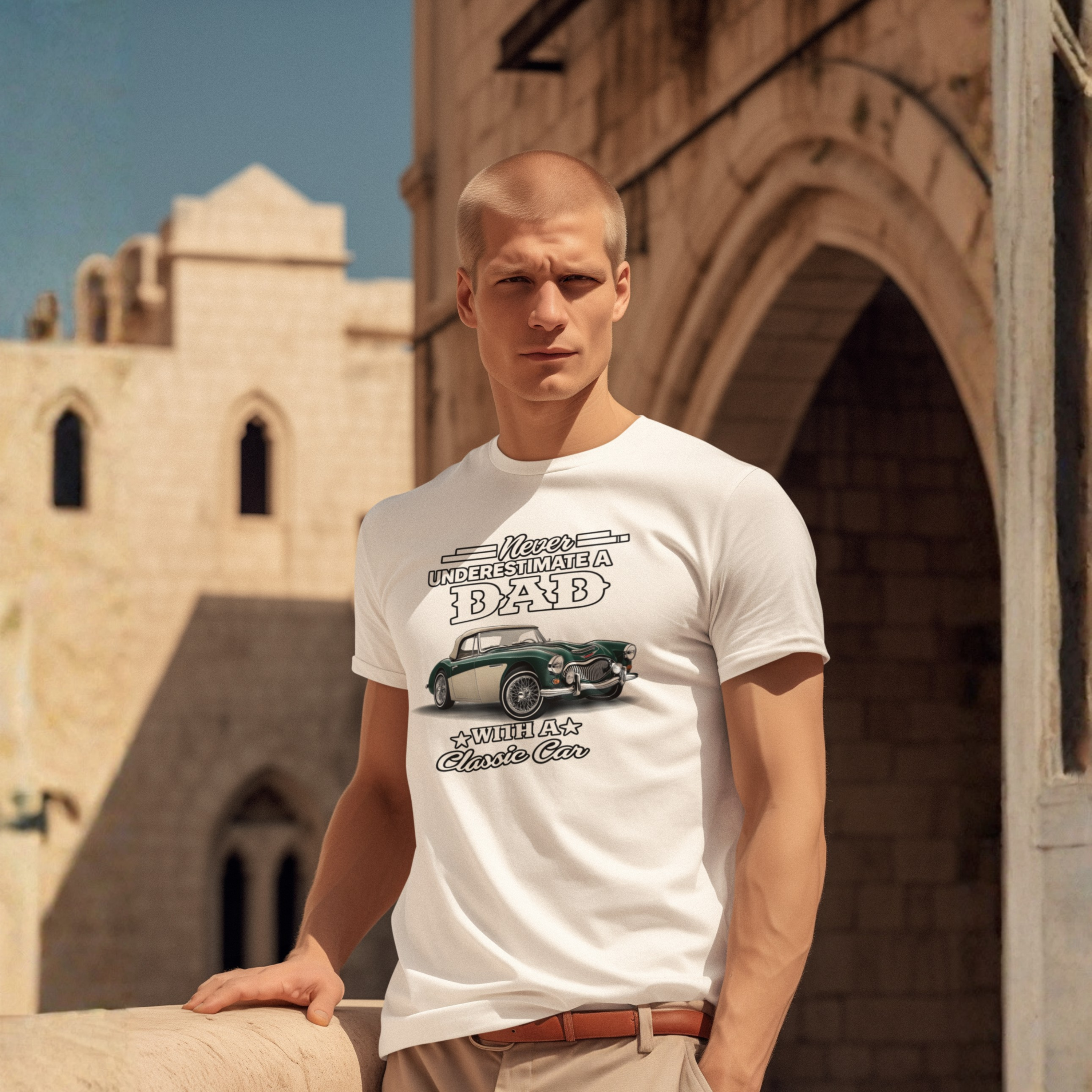 Man wearing a white t-shirt with a graphic Healey design in front of a stone building.