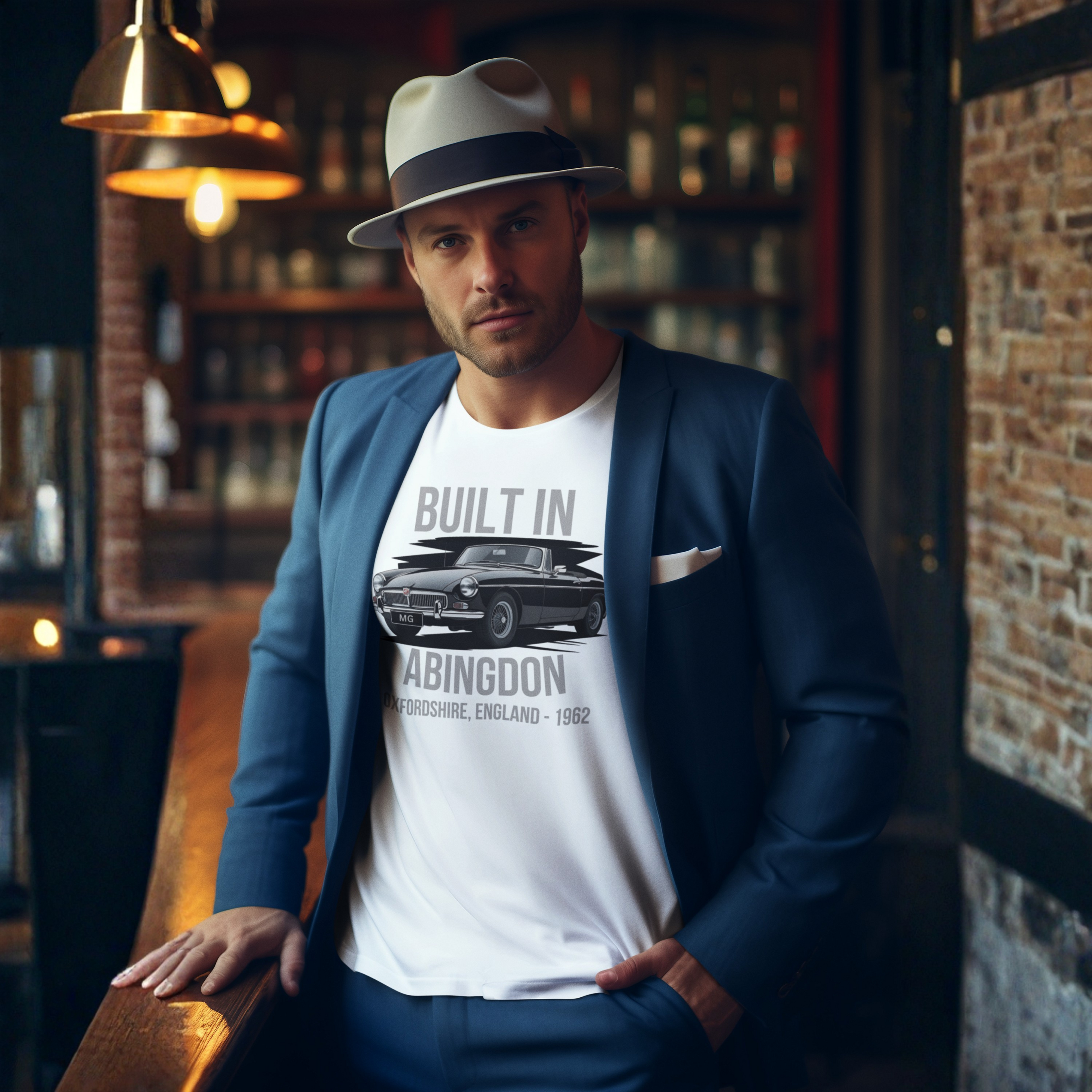 Man wearing a white t-shirt with graphic MGB car design in a bar setting
