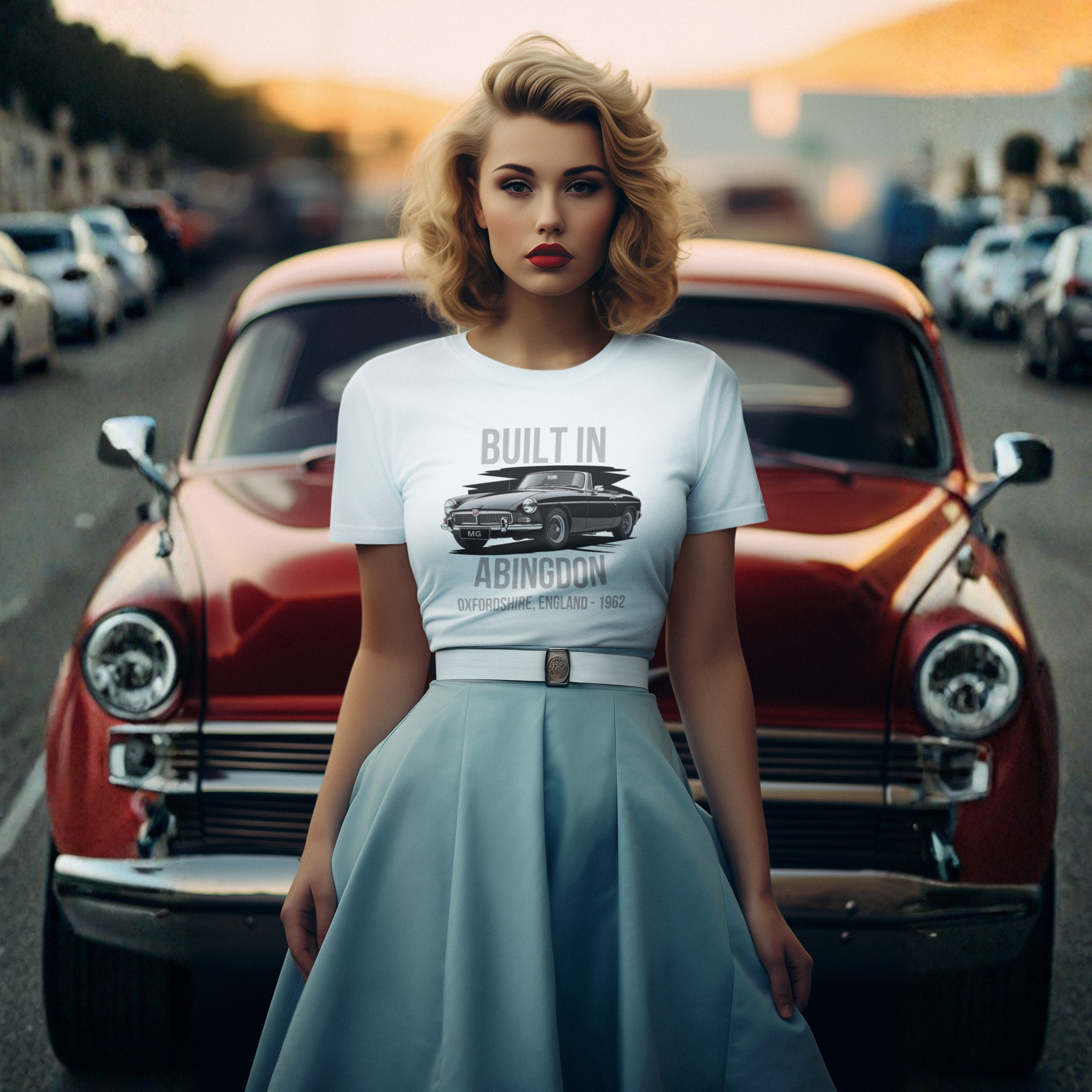 Woman wearing a white t-shirt with a graphic MGB car design in front of a vintage car.