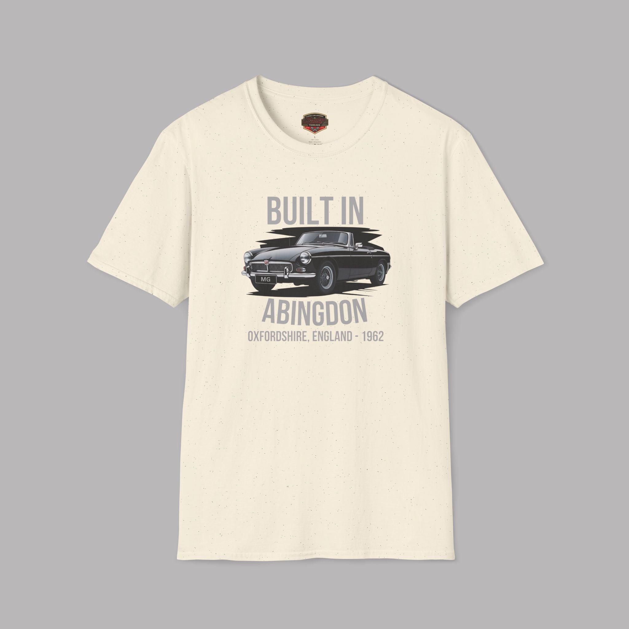 Natural t-shirt with a graphic of a MGB car and text on a gray background