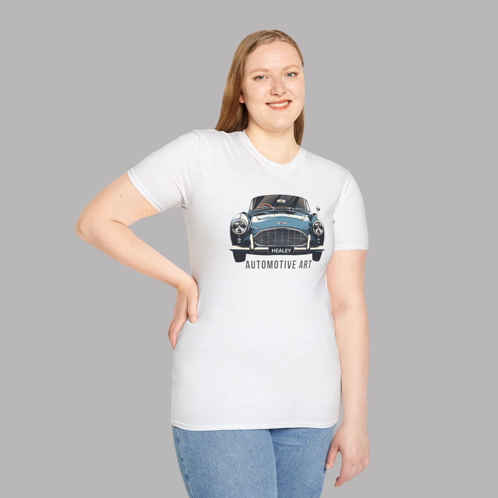 Woman wearing a white t-shirt with a Healey car graphic and text on a gray background