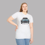 Woman wearing a white t-shirt with a Healey car graphic and text on a gray background