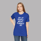 Woman wearing a royal blue t-shirt with text "80% of People Aren't Plugged In" on a gray background