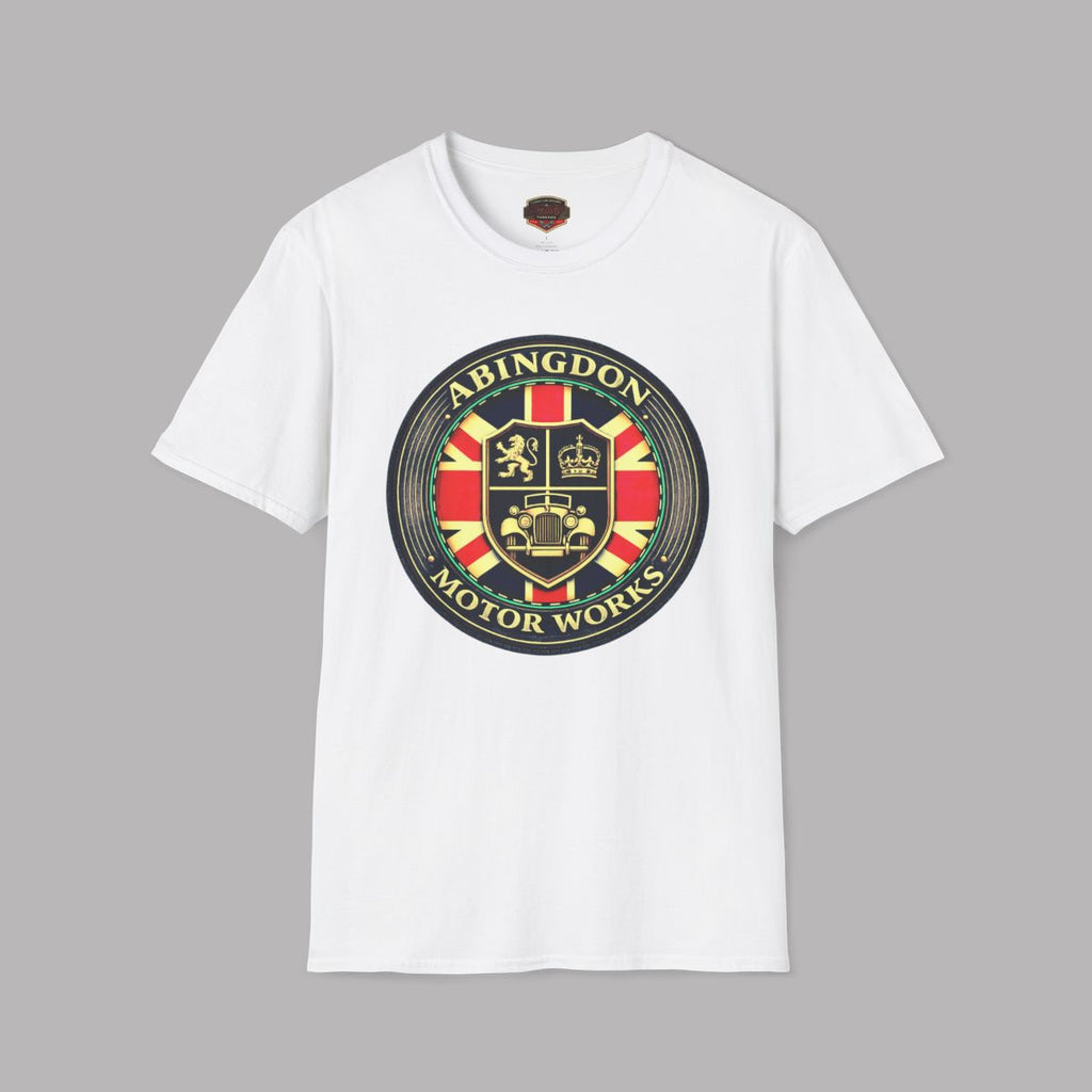A white short-sleeve crewneck t-shirt featuring a circular 'Abingdon Motor Works' crest graphic printed on the chest, displayed against a solid gray background.