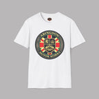 A white short-sleeve crewneck t-shirt featuring a circular 'Abingdon Motor Works' crest graphic printed on the chest, displayed against a solid gray background.