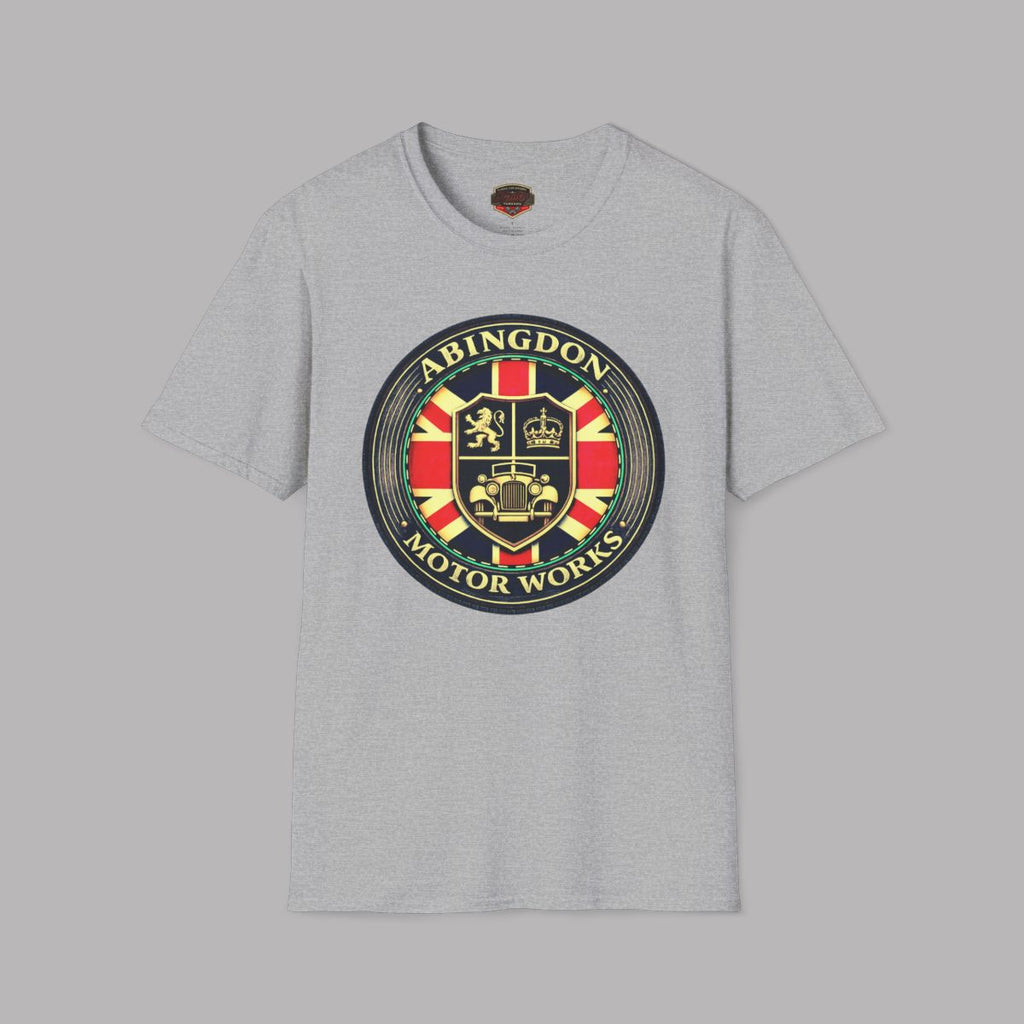 A sport gray heather crewneck t-shirt featuring a large circular 'Abingdon Motor Works' crest graphic printed on the chest.