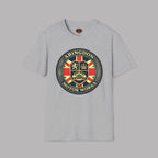 A sport gray heather crewneck t-shirt featuring a large circular 'Abingdon Motor Works' crest graphic printed on the chest.