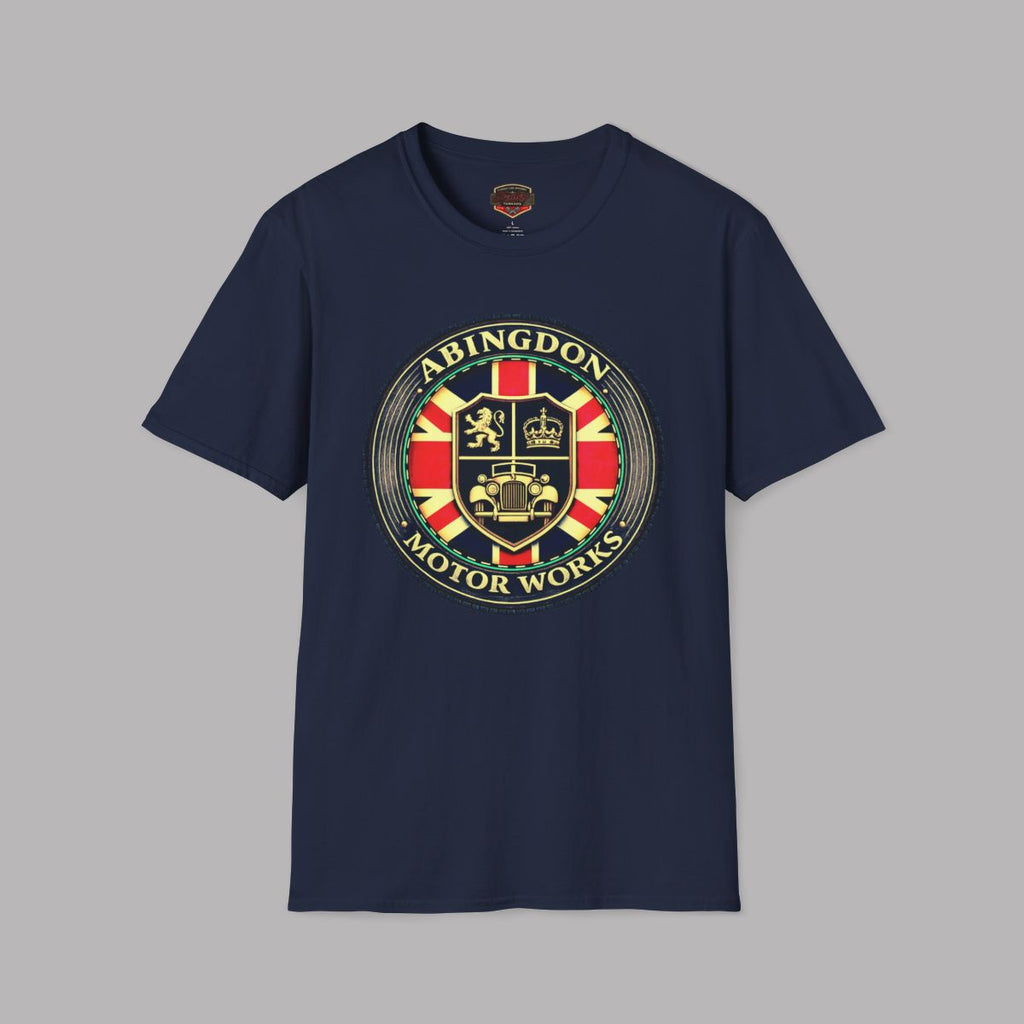 A navy blue short-sleeve crewneck t-shirt featuring a large circular 'Abingdon Motor Works' crest graphic on the chest, displayed against a solid gray background.