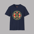 A navy blue short-sleeve crewneck t-shirt featuring a large circular 'Abingdon Motor Works' crest graphic on the chest, displayed against a solid gray background.