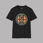 Black t-shirt featuring a circular 'Abingdon Motor Works' crest graphic on the chest, styled in a flat-lay arrangement on a gray background