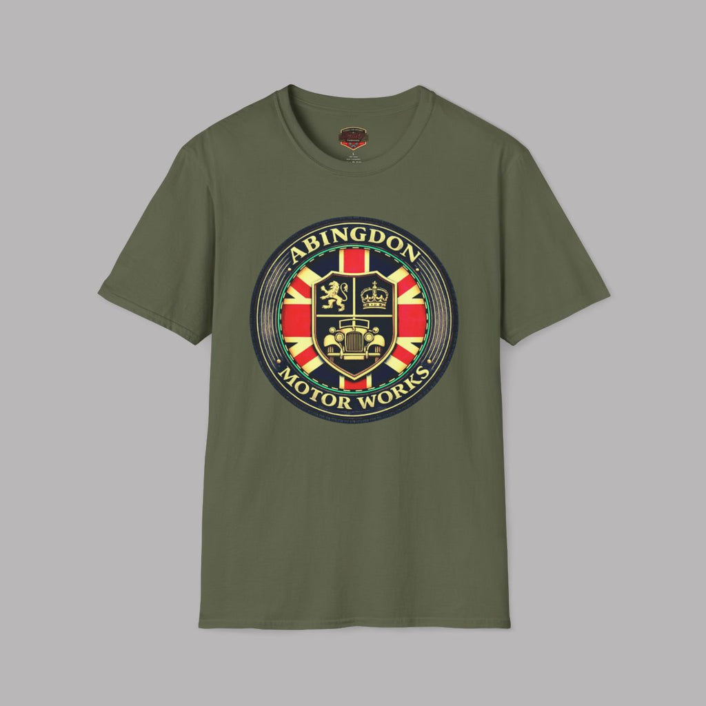An military green short-sleeve t-shirt with a circular 'Abingdon Motor Works' crest graphic printed on the chest, displayed against a solid gray background.