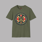 An military green short-sleeve t-shirt with a circular 'Abingdon Motor Works' crest graphic printed on the chest, displayed against a solid gray background.
