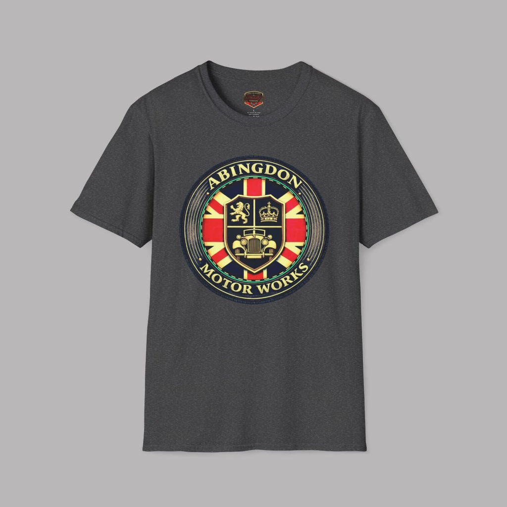 A dark heather gray crewneck t-shirt featuring a large circular 'Abingdon Motor Works' crest graphic on the chest, displayed against a solid gray background.
