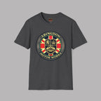 A dark heather gray crewneck t-shirt featuring a large circular 'Abingdon Motor Works' crest graphic on the chest, displayed against a solid gray background.